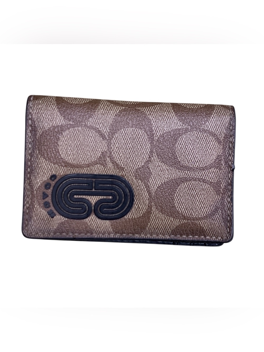Coach Brown Signature Monogram Card Holder with Black Logo Accent